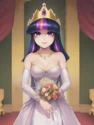 Size: 1020x1360 | Tagged: safe, derpibooru import, editor:sammykun, machine learning generated, stable diffusion, twilight sparkle, human, equestria girls, beautiful, breasts, busty twilight sparkle, carpet, clothes, crown, detailed, dress, flower, gem, gemstones, gloves, gold, hand, humanized, image, jewelry, jewels, lips, looking at you, necklace, png, red carpet, regalia, smiling, standing, white dress