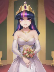 Size: 1020x1360 | Tagged: safe, derpibooru import, editor:sammykun, machine learning generated, stable diffusion, twilight sparkle, human, equestria girls, g4, beautiful, breasts, busty twilight sparkle, carpet, clothes, crown, detailed, dress, female, flower, gem, gemstones, gloves, gold, hand, humanized, image, jewelry, jewels, lips, looking at you, necklace, png, prompter:sammykun, red carpet, regalia, smiling, solo, solo female, standing, white dress