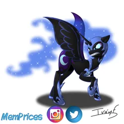 Size: 2500x2500 | Tagged: safe, artist:memprices, derpibooru import, nightmare moon, alicorn, pony, female, frown, gritted teeth, image, jaws, mare, png, raised hoof, shading, shadow, simple background, solo, spread wings, teeth, white background, wings