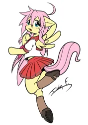 Size: 2481x3508 | Tagged: safe, artist:memprices, derpibooru import, fluttershy, pegasus, pony, blushing, clothes, colored, crossover, female, flat colors, image, izumi konata, jumping, looking at you, lucky star, mare, png, raised tail, sailor uniform, shoes, simple background, skirt, socks, solo, spread wings, tail, uniform, white background, wings