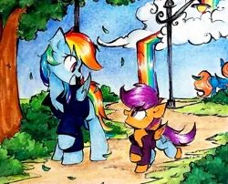 Size: 2024x1633 | Tagged: safe, artist:liaaqila, derpibooru import, rainbow dash, scootaloo, pegasus, pony, bush, clothes, cloud, duo, duo female, female, image, jpeg, lamppost, scootalove, tree, unknown pony