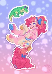 Size: 1500x2155 | Tagged: safe, artist:plushparades, derpibooru import, gummy, pinkie pie, alligator, earth pony, pony, blue eyes, bow, candy, candy cane, colored hooves, ear piercing, female, food, g4, gradient background, hair bow, image, jpeg, mare, one eye closed, piebald coat, piercing, pink mane, redesign, smiling, sprinkles, tail, tail bow, tongue out, unshorn fetlocks