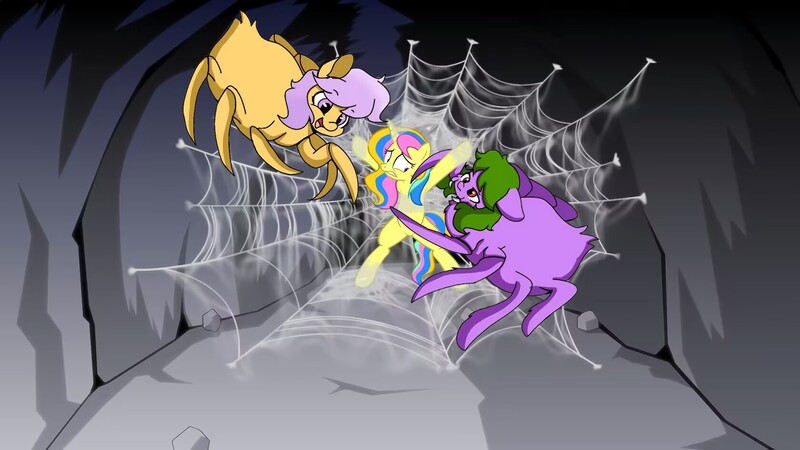 Size: 1680x945 | Tagged: safe, artist:dingdingxu377, artist:equestria secret guard, derpibooru import, oc, oc:lemon, unofficial characters only, monster pony, original species, pony, spider, spiderpony, unicorn, armpits, bondage, cave, featureless crotch, female, gritted teeth, horn, image, jpeg, mare, scared, sexy, solo, spider web, spread eagle, spread legs, spreading, teeth, tied up, unicorn oc, vector