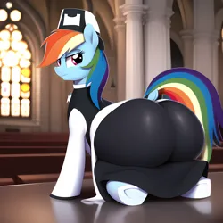 Size: 2560x2560 | Tagged: suggestive, derpibooru import, machine learning generated, novelai, stable diffusion, rainbow dash, pony, annoyed, ass, butt, church, covering, hooves, image, large butt, looking at you, nun, nun outfit, png, rainbutt dash, raised tail, stupid sexy rainbow dash, tail, wide hips