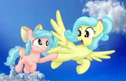 Size: 4096x2650 | Tagged: safe, artist:aleximusprime, derpibooru import, cozy glow, oc, oc:melody heartsong, pegasus, pony, flurry heart's story, a better ending for cozy, alternate hairstyle, bow, buzzing wings, cloud, cozy glow's mother, cozybetes, cute, duo, duo female, female, filly, flying, foal, hair bow, holding hooves, image, jpeg, looking at each other, looking at someone, mare, mother and child, mother and daughter, ocbetes, open mouth, sky, smiling, wings