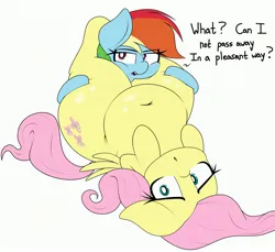 Size: 3500x3204 | Tagged: suggestive, artist:blitzyflair, derpibooru import, fluttershy, rainbow dash, pegasus, pony, belly, belly button, chubby, dialogue, fat, female, females only, flutterdash, image, jpeg, lesbian, looking at you, lying down, mare, shipping, simple background, squishy, thighs, thunder thighs, wings