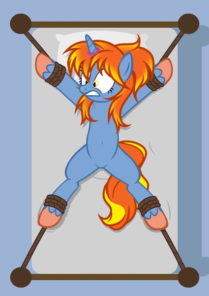Size: 1536x2166 | Tagged: safe, artist:equestria secret guard, derpibooru import, oc, oc:黄昏夜雨, unofficial characters only, pony, unicorn, armpits, bed, belly button, bondage, eyebrows, featureless crotch, female, frown, helpless, horn, horn ring, image, jewelry, jpeg, lying down, magic suppression, on back, on bed, ring, rope, rope bondage, scared, sexy, solo, spread eagle, teeth, tied to bed, tied up, unicorn oc