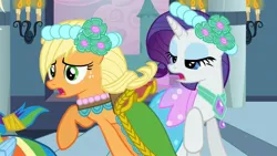 Size: 2110x1194 | Tagged: safe, derpibooru import, screencap, applejack, rarity, earth pony, pony, unicorn, a canterlot wedding, alternate hairstyle, bridesmaid, bridesmaid dress, candle, canterlot, canterlot castle, castle, clothes, concerned, dress, female, floral head wreath, flower, flower in hair, force field, gown, image, jpeg, missing accessory, royal wedding, running, shocked, shocked expression, steps