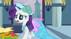 Size: 2160x1210 | Tagged: safe, derpibooru import, screencap, applejack, rarity, earth pony, pony, unicorn, a canterlot wedding, alternate hairstyle, bridesmaid, bridesmaid dress, candle, canterlot, canterlot castle, castle, clothes, concerned, dress, floral head wreath, flower, flower in hair, force field, gown, image, jpeg, royal wedding, running, shocked, shocked expression, steps