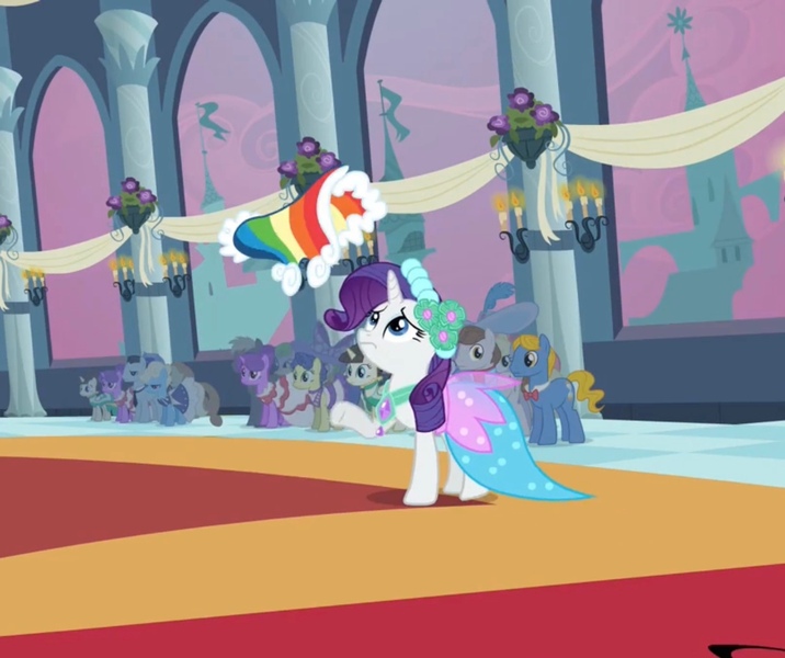 Size: 1362x1141 | Tagged: safe, derpibooru import, screencap, rarity, pony, unicorn, a canterlot wedding, background pony, banner, bowtie, bridesmaid, bridesmaid dress, candle, canterlot, canterlot castle, castle, clothes, concerned, cropped, dress, flag, floral head wreath, flower, flower in hair, force field, gown, image, jpeg, necktie, royal wedding, worried