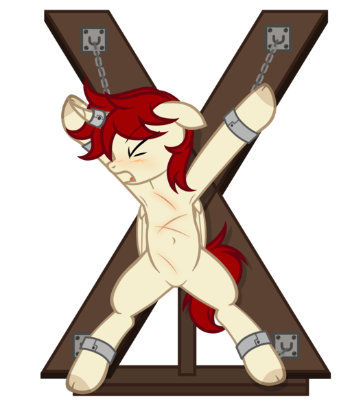 Size: 3942x4473 | Tagged: suggestive, artist:equestria secret guard, derpibooru import, oc, oc:黎炽, unofficial characters only, alicorn, pony, alicorn oc, bdsm, blushing, bondage, bondage cross, bondage furniture, bound, bound wrists, chains, featureless crotch, helpless, horn, horn ring, image, jewelry, magic suppression, male, open mouth, panting, png, ring, scar, simple background, solo, spread eagle, spread legs, spreading, stallion, struggling, tied up, transparent background, wings