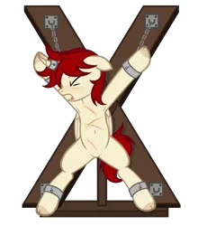 Size: 3942x4473 | Tagged: suggestive, artist:equestria secret guard, derpibooru import, oc, oc:黎炽, unofficial characters only, alicorn, pony, alicorn oc, bdsm, blushing, bondage, bondage cross, bondage furniture, bound, bound wrists, chains, featureless crotch, helpless, horn, horn ring, image, jewelry, magic suppression, male, open mouth, panting, png, ring, scar, simple background, solo, spread eagle, spread legs, spreading, stallion, struggling, tied up, transparent background, wings