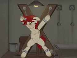 Size: 2048x1547 | Tagged: suggestive, artist:equestria secret guard, derpibooru import, oc, oc:黎炽, unofficial characters only, alicorn, pony, alicorn oc, basement, bdsm, blushing, bondage, bondage cross, bondage furniture, bound, bound wrists, chains, dungeon, featureless crotch, helpless, horn, horn ring, image, jewelry, jpeg, magic suppression, male, open mouth, panting, ring, scar, solo, spread eagle, spread legs, spreading, stallion, struggling, tied up, wings