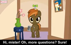 Size: 1920x1224 | Tagged: safe, derpibooru import, button mash, earth pony, pony, comic:celestia's servant interview, caption, colt, cs captions, foal, hat, hoof hold, image, image macro, indoors, interview, looking at you, male, painting, png, propeller hat, text, vase