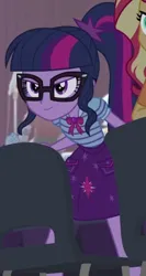 Size: 290x544 | Tagged: safe, derpibooru import, screencap, rainbow dash, sci-twi, sunset shimmer, twilight sparkle, cheer you on, equestria girls, equestria girls series, spoiler:eqg series (season 2), >:), bowtie, chair, clothes, cutie mark, cutie mark on clothes, determined smile, geode of telekinesis, glasses, image, jewelry, magical geodes, offscreen character, offscreen human, pendant, png, polo shirt, ponytail, skirt, solo
