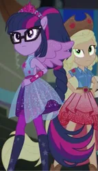 Size: 309x539 | Tagged: safe, derpibooru import, screencap, applejack, sci-twi, twilight sparkle, cheer you on, equestria girls, equestria girls series, spoiler:eqg series (season 2), alternate hairstyle, armpits, belt, boots, clothes, cowboy boots, cowboy hat, cutie mark, cutie mark on clothes, frills, gorget, hand on hip, hat, image, jewelry, knee-high boots, leggings, png, ponied up, pony ears, regalia, shirt, shoes, skirt, sleeveless, sleeveless shirt, stetson, super ponied up, wings