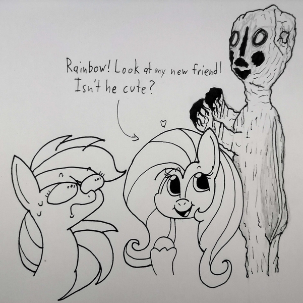 Size: 2919x2915 | Tagged: safe, artist:spoopygirl, derpibooru import, fluttershy, rainbow dash, pegasus, pony, female, image, jpeg, lineart, scp foundation, scp-173, shrunken pupils, sweat, sweatdrops, text, traditional art