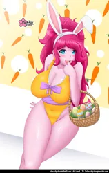 Size: 633x1000 | Tagged: suggestive, alternate version, artist:clouddg, derpibooru import, pinkie pie, equestria girls, alternate hairstyle, basket, big breasts, breasts, busty pinkie pie, cleavage, easter, easter basket, easter egg, erect nipples, female, holiday, image, looking at you, nipple outline, open mouth, png, solo, solo female