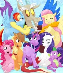 Size: 900x1035 | Tagged: safe, artist:cryssy-miu, derpibooru import, applejack, discord, fluttershy, pinkie pie, rainbow dash, rarity, twilight sparkle, draconequus, dragon, earth pony, pegasus, pony, unicorn, 2011, image, jpeg, mane six, old art