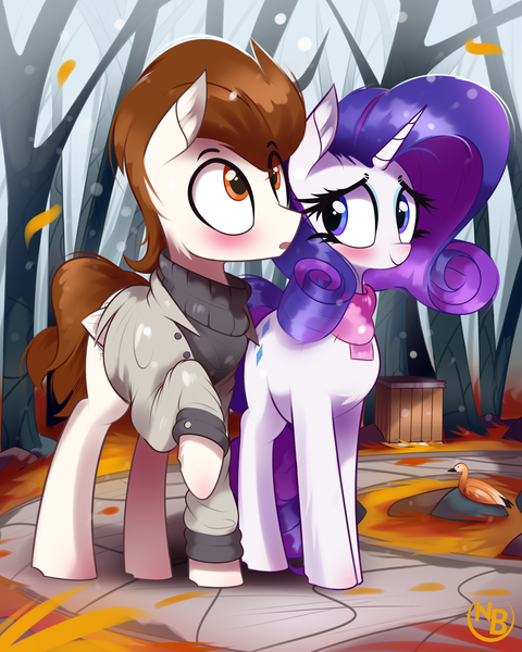 Size: 2896x3620 | Tagged: safe, artist:nevobaster, derpibooru import, rarity, oc, oc:rml, bird, duck, pegasus, pony, unicorn, autumn, canon x oc, clothes, coat, female, forest, image, male, park, png, scarf, snow, snowfall, surprised, sweater, tree