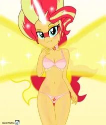 Size: 2550x3000 | Tagged: suggestive, artist:sarahthefox97, artist:yaya54320bases, derpibooru import, sunset shimmer, human, equestria girls, base used, bedroom eyes, belly button, blushing, bra, cameltoe, choker, clothes, daydream shimmer, female, grin, image, panties, pink underwear, png, simple background, smiling, solo, solo female, underwear, white background