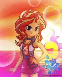 Size: 1080x1335 | Tagged: safe, artist:rjp.rammy, derpibooru import, sunset shimmer, human, equestria girls, equestria girls series, blushing, breasts, cleavage, clothes, cutie mark, cutie mark on clothes, female, geode of empathy, hand on hip, image, jewelry, jpeg, looking at you, magical geodes, necklace, signature, sleeveless, smiling, smiling at you, solo, sunset, tattoo, vest