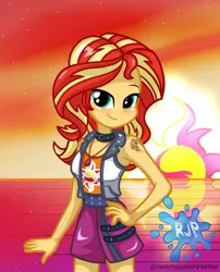 Size: 1080x1335 | Tagged: safe, alternate version, artist:rjp.rammy, derpibooru import, sunset shimmer, human, equestria girls, equestria girls series, blushing, breasts, cleavage, clothes, cutie mark, cutie mark on clothes, female, geode of empathy, hand on hip, image, jewelry, jpeg, looking at you, magical geodes, necklace, signature, sleeveless, smiling, smiling at you, solo, sunset, tattoo, vest