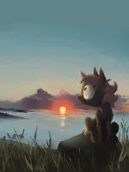 Size: 960x1280 | Tagged: safe, artist:spectralunicorn, derpibooru import, oc, oc:forty winks, unofficial characters only, earth pony, pony, cloud, grass, image, lake, painting, png, sitting, solo, sunrise, water