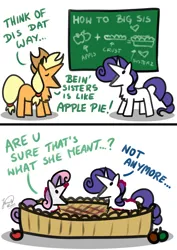 Size: 2894x4093 | Tagged: safe, artist:julunis14, derpibooru import, applejack, rarity, sweetie belle, earth pony, pony, unicorn, series:my little honses, sisterhooves social, 2 panel comic, :v, apple, apple pie, chalkboard, chest fluff, comic, dialogue, digital art, eyes closed, fancy mathematics, female, filly, foal, food, high res, image, literal, mare, math, messy, misspelling, misunderstanding, open mouth, parody, pie, png, scene interpretation, siblings, signature, silly, simple background, sisters, white background