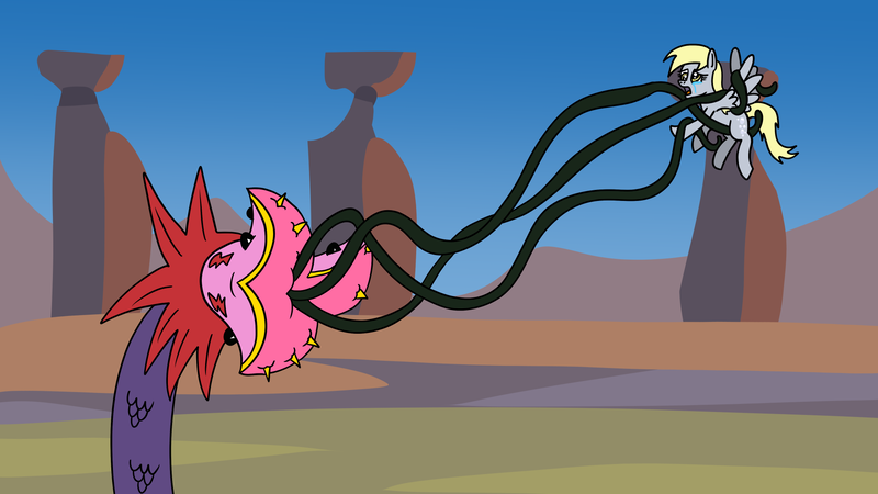 Size: 1920x1080 | Tagged: safe, artist:platinumdrop, derpibooru import, derpy hooves, pegasus, pony, tatzlwurm, commission, crying, image, imminent death, imminent vore, png, restrained, spread wings, wings