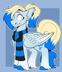 Size: 828x956 | Tagged: safe, artist:rockin_candies, derpibooru import, oc, oc:azure opus, unofficial characters only, pegasus, pony, blind, clothes, colored wings, ear fluff, ear piercing, female, image, mare, piercing, png, ponytail, scarf, solo, solo female, striped scarf, tail, two toned mane, two toned tail, two toned wings, unshorn fetlocks, wings