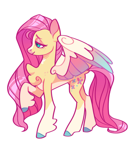 Size: 1282x1392 | Tagged: safe, artist:amaryllidae, derpibooru import, fluttershy, pegasus, pony, alternate design, concave belly, female, image, mare, pale belly, png, quadrupedal, raised hoof, simple background, solo, transparent background