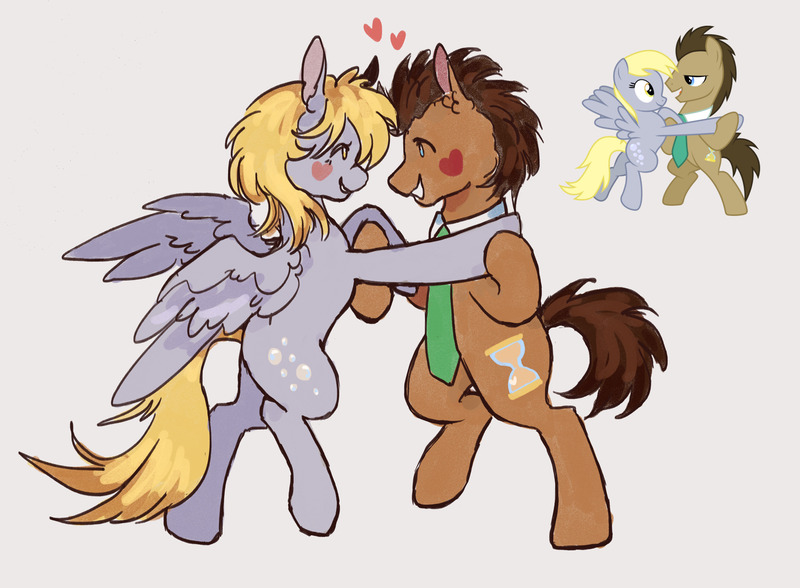 Size: 2048x1506 | Tagged: safe, artist:mapleeheart, derpibooru import, derpy hooves, doctor whooves, time turner, earth pony, pegasus, pony, bipedal, doctorderpy, duo, female, heart, image, jpeg, male, scene interpretation, shipping, simple background, straight, white background