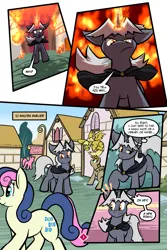 Size: 1567x2351 | Tagged: safe, artist:virmir, bon bon, sweetie drops, oc, oc:shifting sands, oc:virmare, earth pony, pegasus, pony, unicorn, comic:so you've become a pony villain, cloak, clothes, comic, dialogue, female, flying, image, magic, male, mare, png, ponyville, speech bubble, stallion
