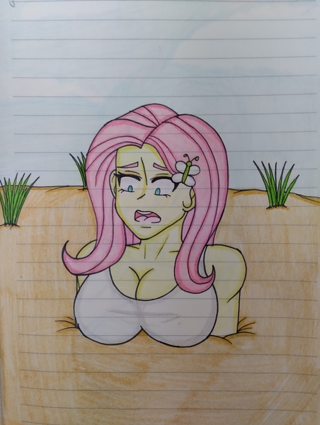 Size: 3072x4080 | Tagged: suggestive, artist:myliedraws16, derpibooru import, fluttershy, equestria girls, breasts, busty fluttershy, grass, hairpin, image, jpeg, lined paper, open mouth, quicksand, sinking, stuck, traditional art