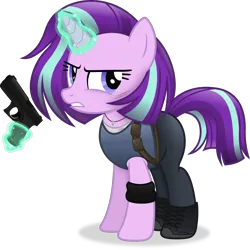 Size: 4191x4190 | Tagged: safe, artist:anime-equestria, derpibooru import, starlight glimmer, pony, unicorn, absurd resolution, alternate hairstyle, armband, boots, clothes, female, glock, gun, handgun, horn, image, jewelry, jill valentine, levitation, magic, mare, necklace, pistol, png, resident evil 3 remake, shoes, simple background, solo, telekinesis, transparent background, vector, weapon