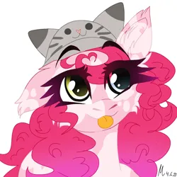 Size: 1280x1280 | Tagged: safe, artist:moodipone, derpibooru import, pinkie pie, pony, :p, alternate design, chest fluff, colored, cute, diapinkes, ear fluff, eyebrows, flat colors, gradient mane, hat, heterochromia, image, png, solo, tongue out