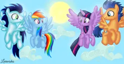 Size: 1980x1020 | Tagged: safe, artist:mlplary6, derpibooru import, flash sentry, rainbow dash, soarin', twilight sparkle, twilight sparkle (alicorn), alicorn, pegasus, pony, cloud, date, double date, female, flashlight, flying, friends, image, looking at each other, looking at someone, male, mare, png, shipping, sky, smiling, smiling at each other, soarindash, stallion, straight, sun