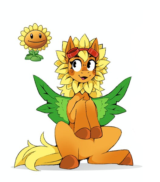 Size: 1806x2058 | Tagged: safe, artist:buvanybu, derpibooru import, oc, ponified, unofficial characters only, original species, plant pony, pony, blushing, flower, goggles, goggles on head, image, jpeg, open mouth, open smile, plant, plants vs zombies, smiling, solo, spread wings, sunflower, wings