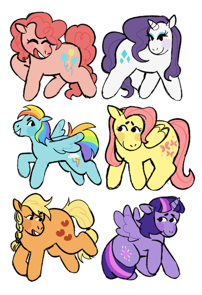 Size: 443x647 | Tagged: safe, artist:peachybats, derpibooru import, applejack, fluttershy, pinkie pie, rainbow dash, rarity, twilight sparkle, twilight sparkle (alicorn), alicorn, earth pony, pegasus, pony, unicorn, blush sticker, blushing, eyes closed, female, folded wings, g4, hatless, horn, image, mane six, mare, missing accessory, open mouth, open smile, png, smiling, spread wings, sticker, tail, wings