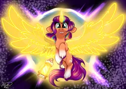Size: 1920x1358 | Tagged: safe, artist:julunis14, derpibooru import, sunny starscout, alicorn, pony, g5, my little pony: a new generation, coat markings, ethereal horn, ethereal wings, female, image, jpeg, lantern, mare, princess sunny starscout, race swap, socks (coat marking), solo, sunnycorn, unshorn fetlocks, wings