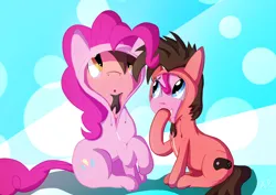 Size: 1754x1240 | Tagged: safe, artist:ace play, artist:mrkat7214, derpibooru import, pinkie pie, oc, oc:ace play, earth pony, pony, :o, abstract background, duo, female, giggling, image, jpeg, male, mare, onesie, open mouth, ponysuit, raised hoof, sitting, stallion