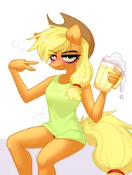 Size: 2100x2800 | Tagged: suggestive, artist:rtootb, derpibooru import, applejack, anthro, earth pony, pony, alcohol, applejack's hat, beer, black underwear, blushing, clothes, cowboy hat, digital art, drunk, drunk aj, ears up, female, fluffy, g4, green eyes, hat, horny, image, legs, lineart, looking at you, mare, mug, nudity, panties, partial nudity, png, shirt, simple background, sitting, smiling, smiling at you, smirk, solo, solo female, thighs, underwear, victory sign, white background, yellow mane