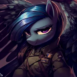 Size: 1024x1024 | Tagged: safe, derpibooru import, machine learning generated, oc, oc:bluewing, unofficial characters only, pegasus, badge, blue mane, blue skin, clothes, image, jpeg, large wings, military uniform, purple eyes, simple background, uniform, wings