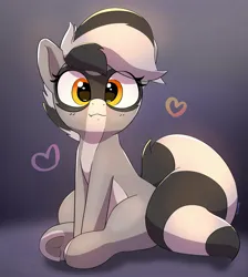 Size: 2175x2431 | Tagged: safe, artist:pabbley, derpibooru import, oc, oc:bandy cyoot, unofficial characters only, hybrid, pony, raccoon, raccoon pony, cute, female, floating heart, frog (hoof), heart, high res, image, jpeg, looking at you, mare, ocbetes, smiling, smiling at you, snaggletooth, solo, solo female, underhoof