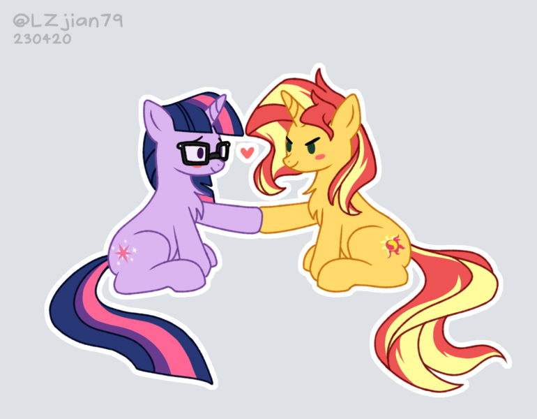 Size: 1476x1150 | Tagged: safe, artist:lzjian79, derpibooru import, sci-twi, sunset shimmer, twilight sparkle, pony, unicorn, chest fluff, duo, female, gray background, image, lesbian, png, scitwishimmer, shipping, simple background, sunsetsparkle
