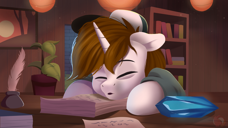 Size: 3840x2160 | Tagged: safe, artist:joaothejohn, derpibooru import, oc, oc:jackson, pony, unicorn, book, clothes, commission, crystal, dark circles, feather, hat, horn, image, latern, paper, png, room, sleeping, unicorn oc