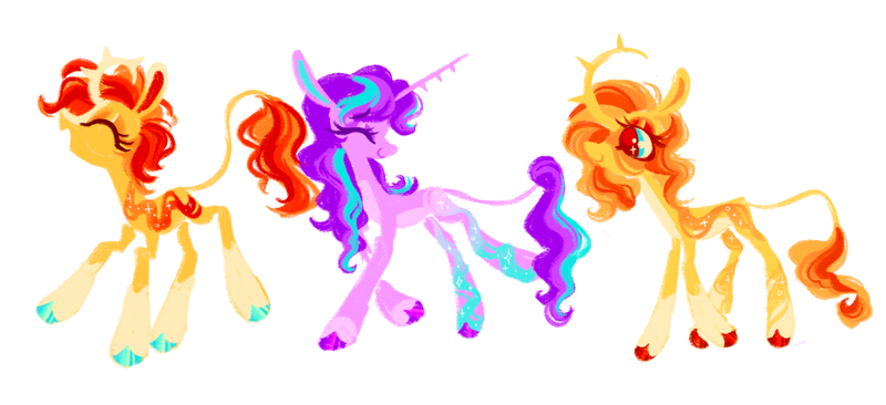 Size: 1280x585 | Tagged: safe, artist:webkinzworldz, derpibooru import, starlight glimmer, sunburst, sunset shimmer, pony, unicorn, alternate design, blaze (coat marking), coat markings, colored hooves, curved horn, eyes closed, eyeshadow, facial markings, hoof polish, horn, image, leonine tail, makeup, open mouth, pale belly, png, redesign, simple background, smiling, socks (coat marking), spiked horn, tail, trio, white background