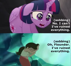 Size: 907x833 | Tagged: safe, derpibooru import, twilight sparkle, twilight sparkle (alicorn), alicorn, crying, despair, image, no i can't i ruined everything, png, princess melody, quote, reference, reference used, sad, tara strong, text, the little mermaid, the little mermaid 2: return to the sea, voice actor joke