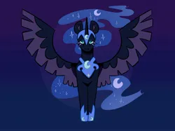 Size: 2048x1535 | Tagged: safe, artist:anxietymonstrr, derpibooru import, nightmare moon, alicorn, pony, blue background, colored eyelashes, colored pinnae, colored wings, crescent moon, ethereal mane, female, front view, gradient background, image, jewelry, jpeg, lidded eyes, looking at you, mare, moon, regalia, simple background, slit pupils, solo, spread wings, standing, starry mane, two toned wings, wings